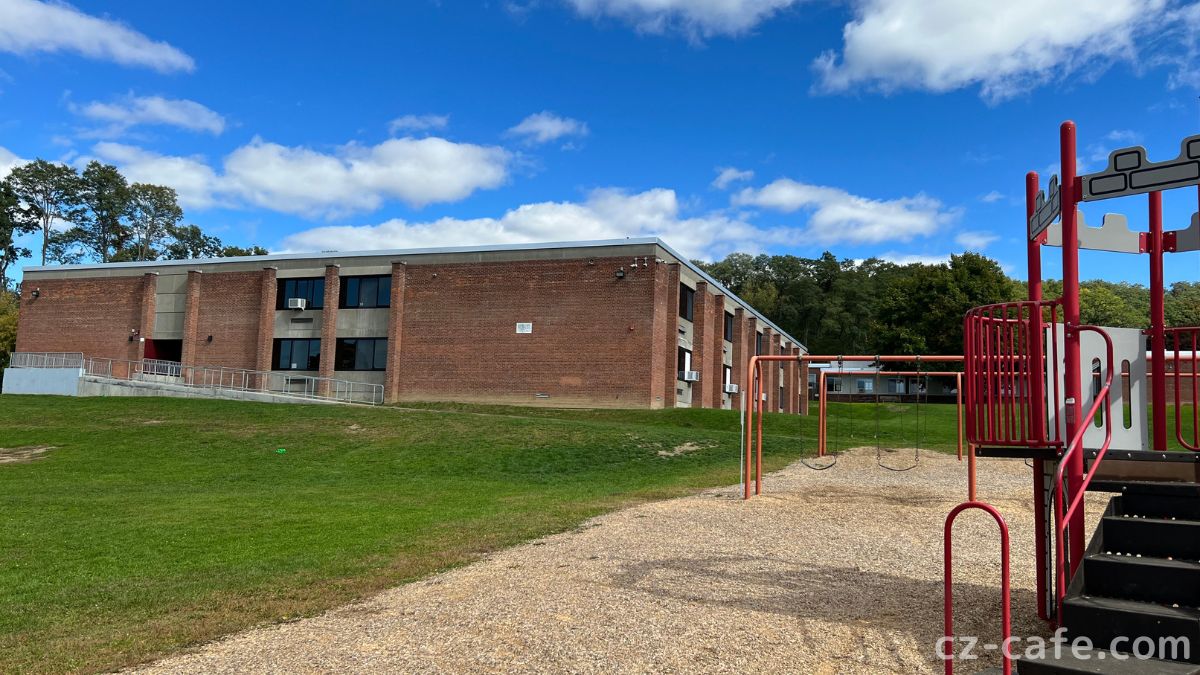 オールバニーの学校の写真。緑の茂った校庭と校舎。