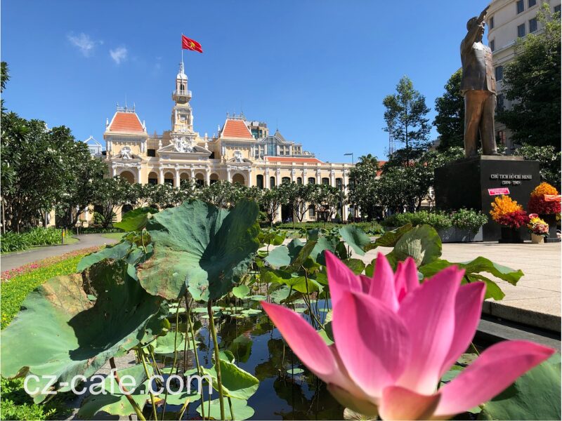 ベトナム・ホーチミン像・人民委員会庁舎・国花ハスの花が咲く様子。